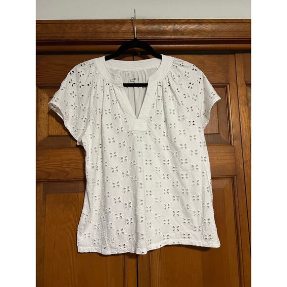 LOFT Women's Eyelet Short Sleeve Split Neck Knit Mixed Media Blouse White Size S - Picture 2 of 11